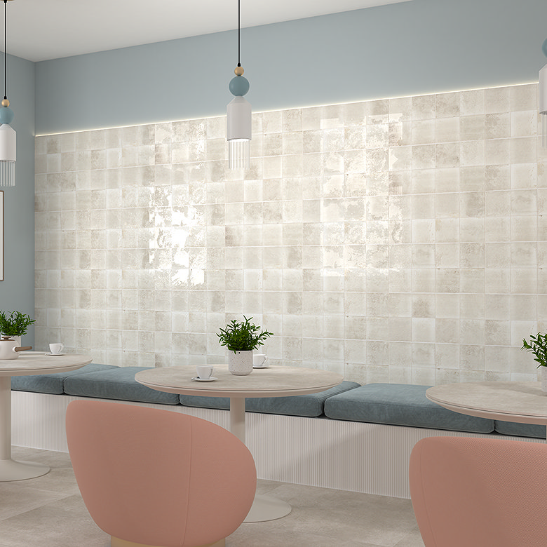 glossy stone effect tiles, light blue walls