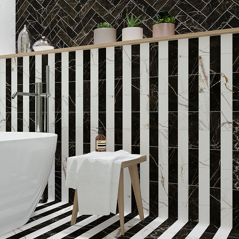 black and white stripe wall and floor tiles