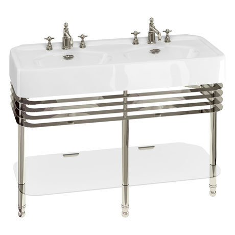 Arcade 1200mm Double Basin and Stand with Glass Shelf - Various Tap Hole Options