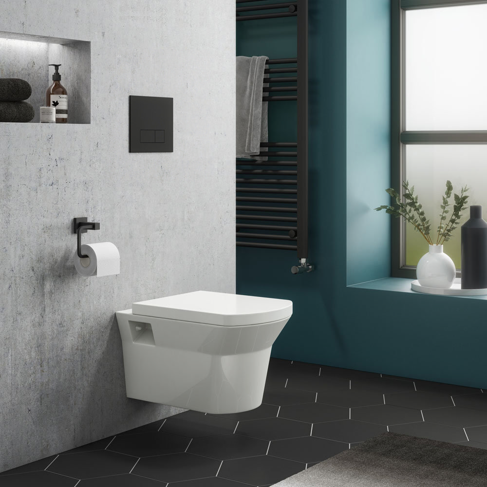 Arezzo Matt Black Dual Flush Concealed WC Cistern with Wall Hung Frame + Modern Toilet