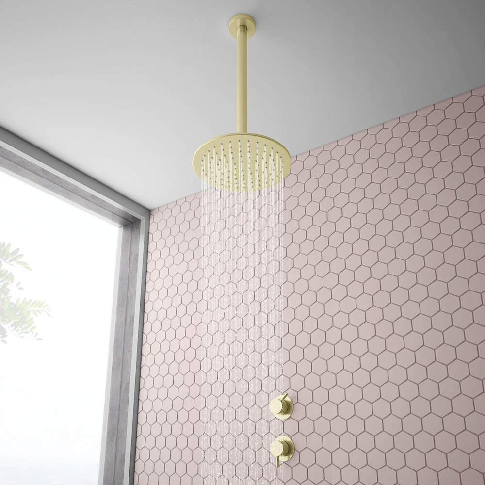 Arezzo Brushed Brass Concealed Individual Stop Tap + Thermostatic Control Valve with Ceiling Mounted Shower Head