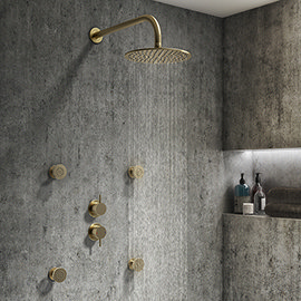 Arezzo Brushed Brass Concealed Individual Diverter + Thermostatic Control Valve w. 4 Body Jets + Fixed Head