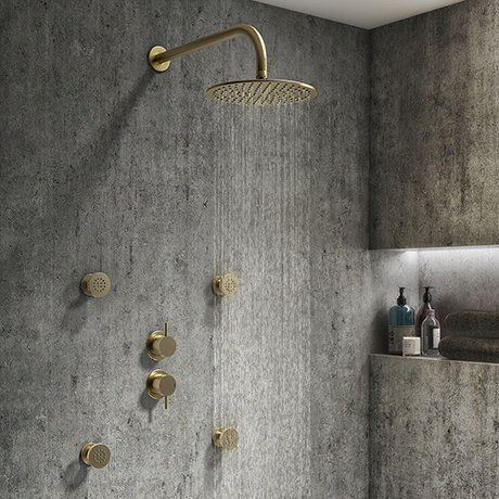 Arezzo Brushed Brass Concealed Individual Diverter + Thermostatic Control Valve w. 4 Body Jets + Fix