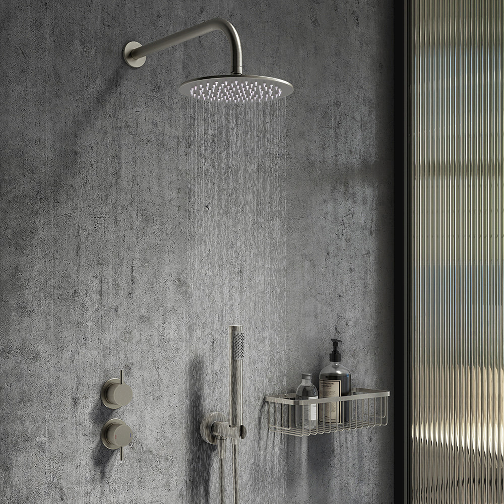 Arezzo Gunmetal Grey Concealed Individual Diverter + Thermostatic Control Valve with Handset + Wall Mounted Shower Head