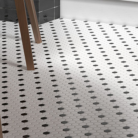 Ashford Hexagon Black White Mosaic, Grey And White Mosaic Bathroom Floor Tiles