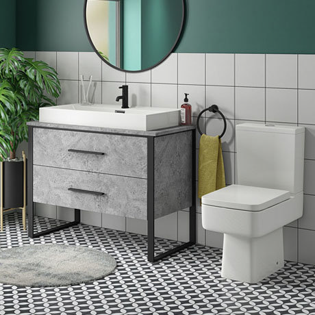 Arezzo 1000 Concrete-Effect Matt Black Framed Vanity Unit + Square Toilet