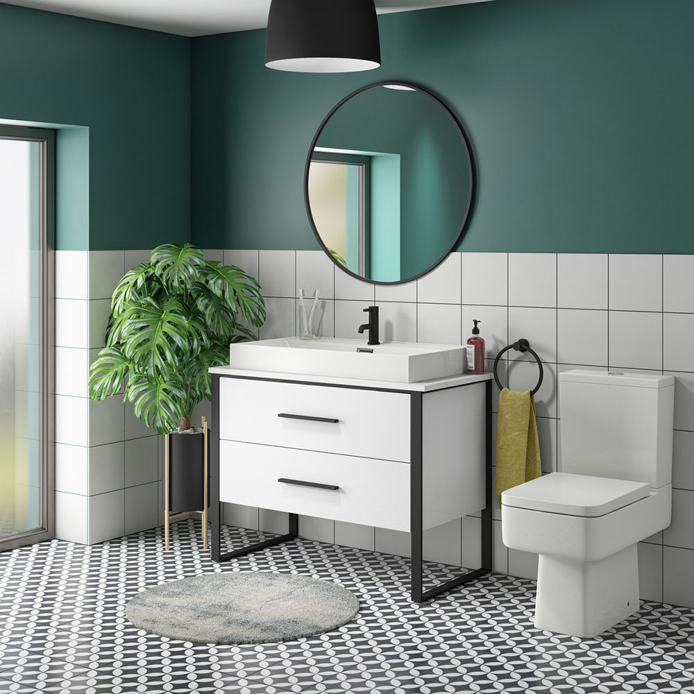 Arezzo 1000 Gloss White Matt Black Framed Vanity Unit + Square Toilet