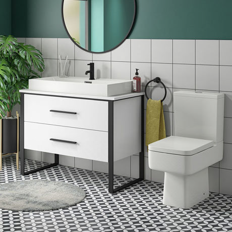 Arezzo 1000 Gloss White Matt Black Framed Vanity Unit + Square Toilet