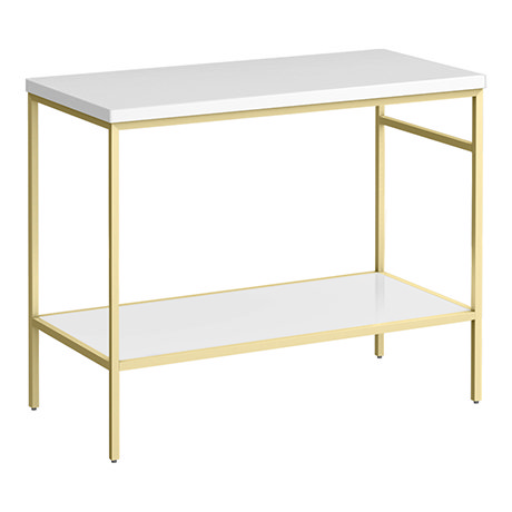 Arezzo 1010 Gloss White Stone Resin Worktop with Brushed Brass Framed Washstand