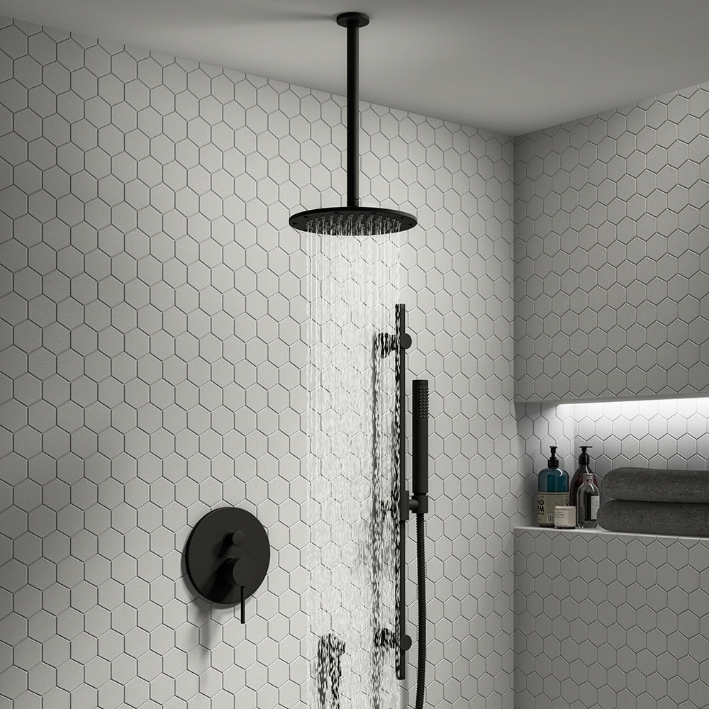 Arezzo Matt Black 195mm Thin Round Shower Head + 300mm Ceiling Mounted