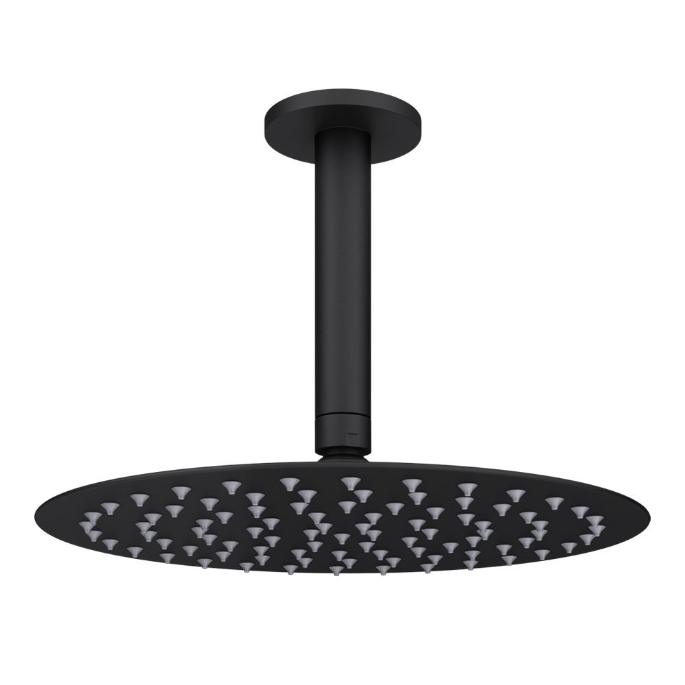 Arezzo Matt Black 250mm Thin Round Shower Head Ceiling Mounted Arm