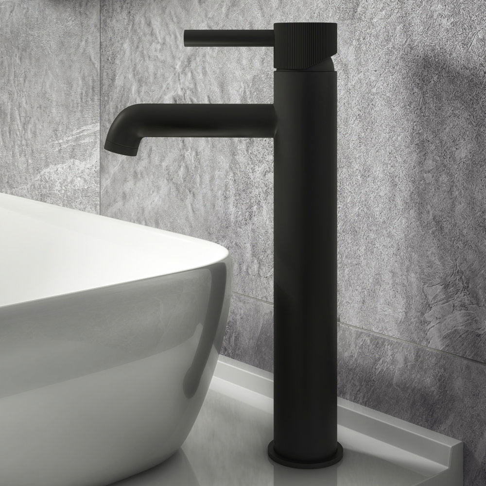 Arezzo Fluted Round Matt Black High Rise Mono Basin Mixer Tap
