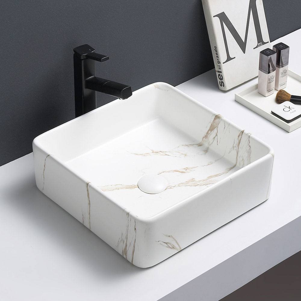 Arezzo 405 x 405mm Square Counter Top Basin - Matt White Marble Effect