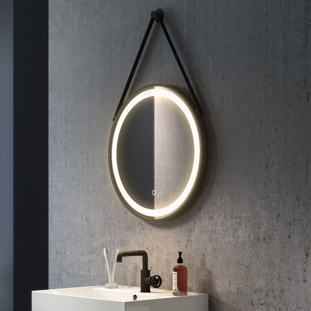 Arezzo Matt Black 600mm Round Led, Hanging Bathroom Mirror With Shelf