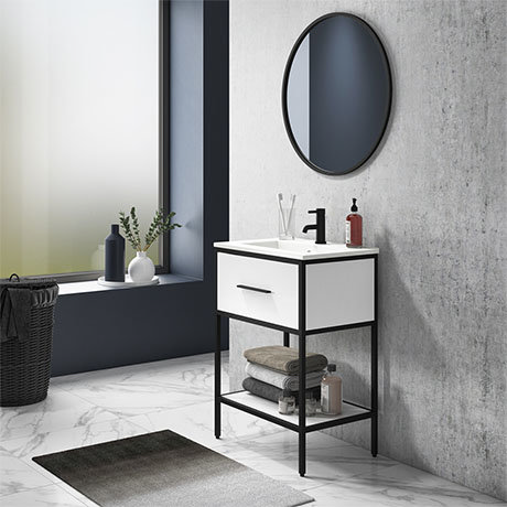 Arezzo 600 Matt Black Framed Vanity Unit with Ceramic Basin and Open Shelf