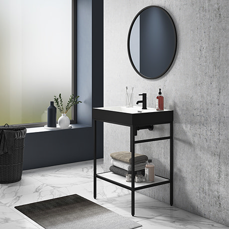 Arezzo 600 Matt Black Framed Washstand with Gloss White Open Shelf and Gloss Black Basin