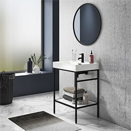 Arezzo 600 Matt Black Framed Washstand with Gloss White Open Shelf and Basin