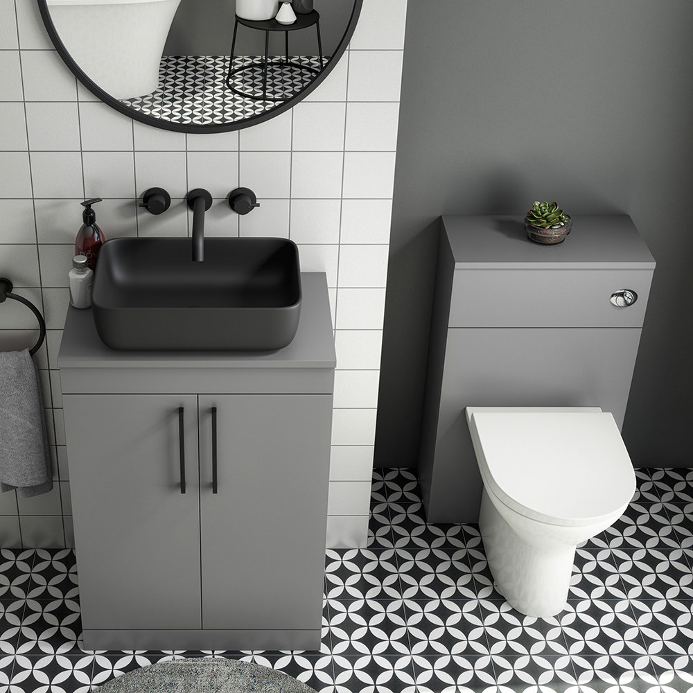 Arezzo 600 Grey Floor Standing Unit with Black Rectangular Counter Top Basin + Toilet Pack