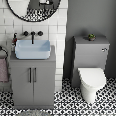 Arezzo 600 Grey Floor Standing Unit with Blue Rectangular Counter Top Basin + Toilet Pack