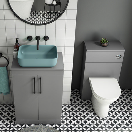 Arezzo 600 Grey Floor Standing Unit with Green Rectangular Counter Top Basin + Toilet Pack