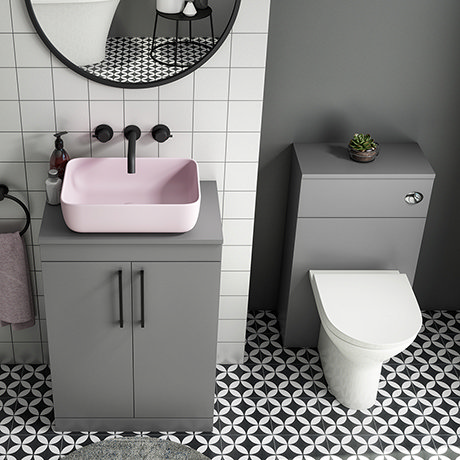 Arezzo 600 Grey Floor Standing Unit with Pink Rectangular Counter Top Basin + Toilet Pack