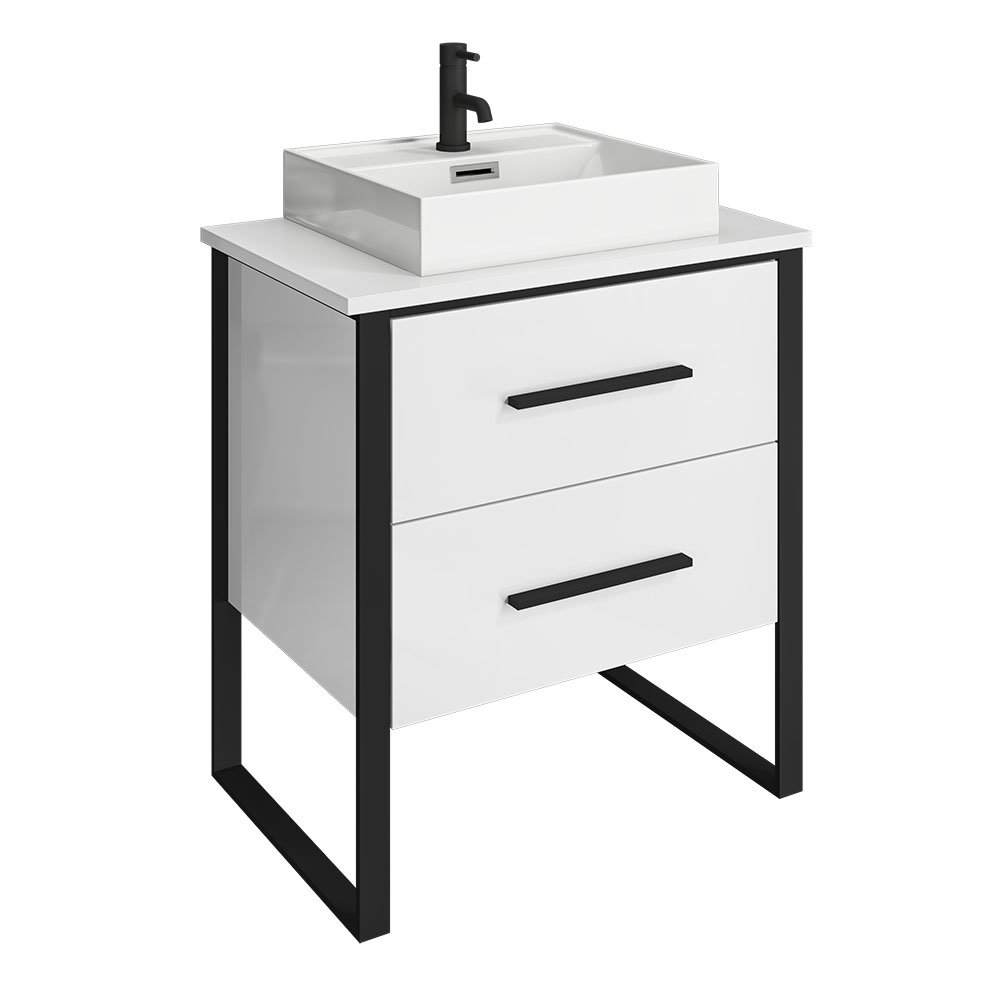 VeeBath Sphinx 600mm Minimalist High Gloss White Sink Vanity Cabinet Unit & Egham Designer Mono Chrome Basin Mixer Tap