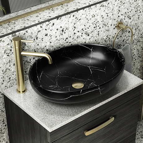 Arezzo 520 x 395mm Curved Oval Counter Top Basin - Matt Black Marble Effect