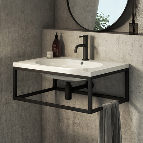 Arezzo 700 Wall Hung Basin With Matt Black Towel Rail Frame Victorian Plumbing Uk Arezzo 700 Wall Hung Basin With Matt, Wall Hung Vanity Unit With Towel Rail