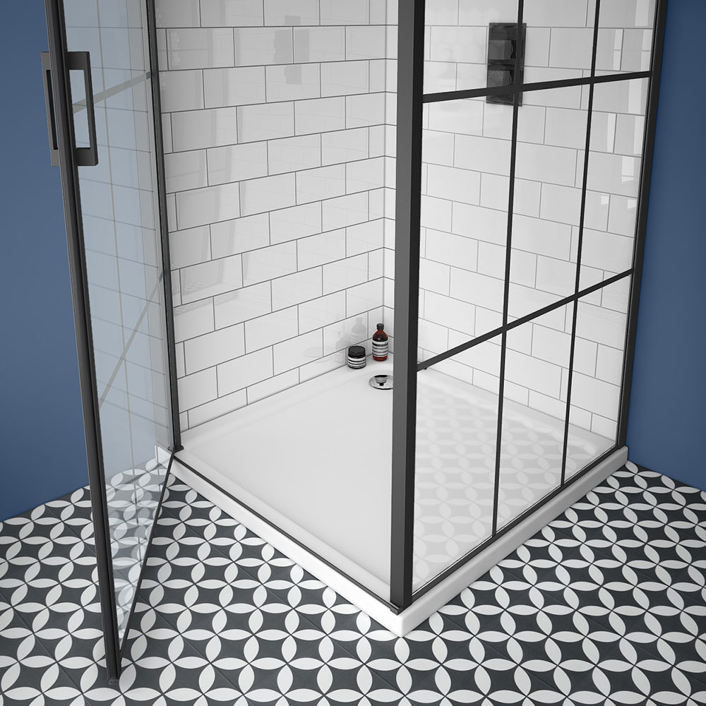 black gridded shower door