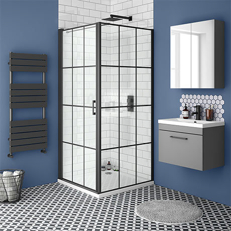 Arezzo 800 x 800 Matt Black Grid Frameless Pivot Door Shower Enclosure + Tray