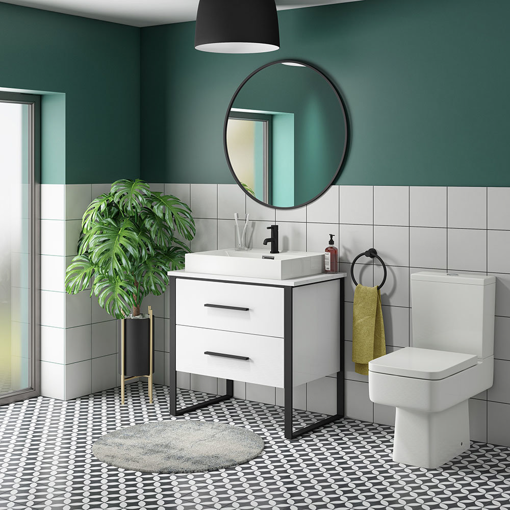 Arezzo 800 Gloss White Matt Black Framed Vanity Unit + Square Toilet