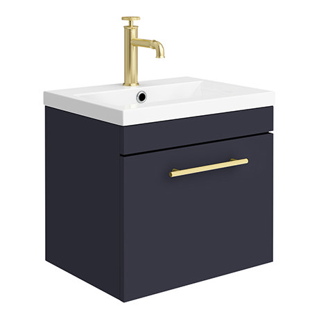 Arezzo Wall Hung Vanity Unit - Matt Blue - 500mm with Industrial Style Brushed Brass Handle