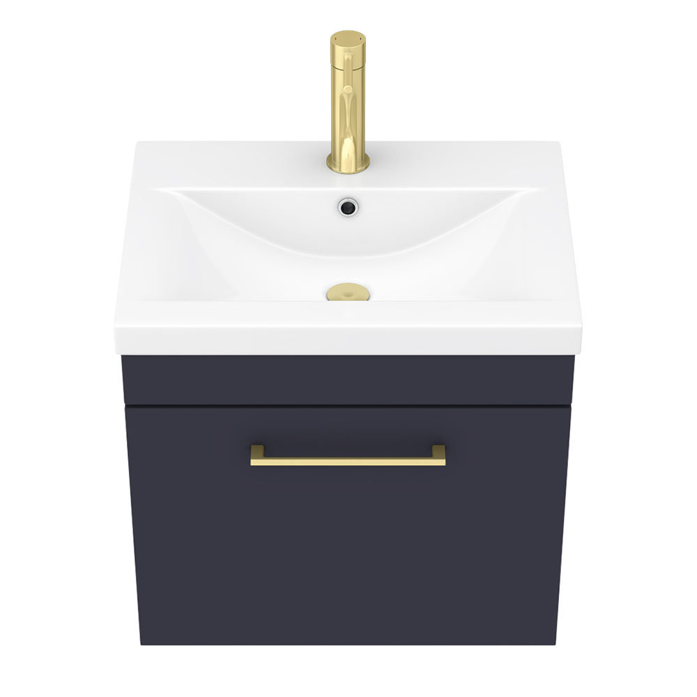 Arezzo 500 Matt Blue Wall Hung 1Drawer Vanity Unit with Brushed Brass
