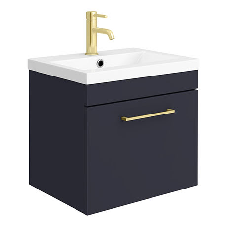 Arezzo 500 Matt Blue Wall Hung 1-Drawer Vanity Unit with Brushed Brass Handle
