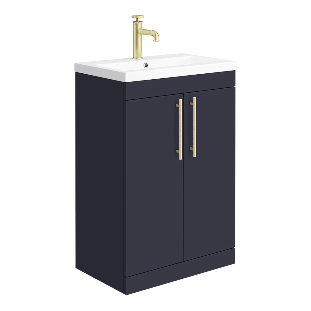 Arezzo Floor Standing Vanity Unit - Matt Blue - 600mm with Industrial Style Brushed Brass Handles