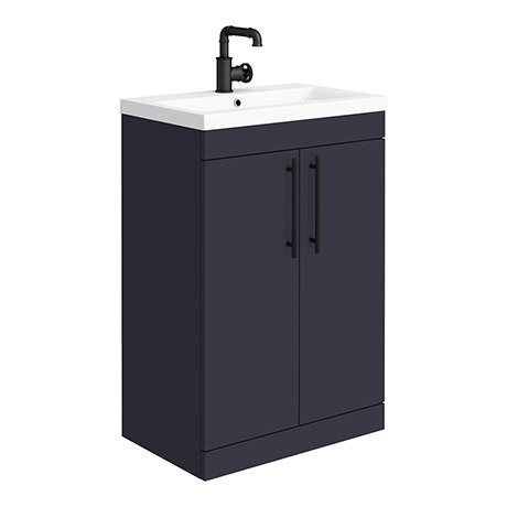 Arezzo Floor Standing Vanity Unit - Matt Blue - 600mm with Industrial Style Black Handles