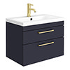 Arezzo 600 Matt Blue Wall Hung 2-Drawers Vanity Unit with Brushed Brass Handles profile small image view 1 