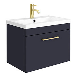 Arezzo 600 Matt Blue Wall Hung 1-Drawer Vanity Unit with Brushed Brass Handle