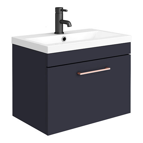 Arezzo 600 Matt Blue Wall Hung 1-Drawer Vanity Unit with Rose Gold Handle