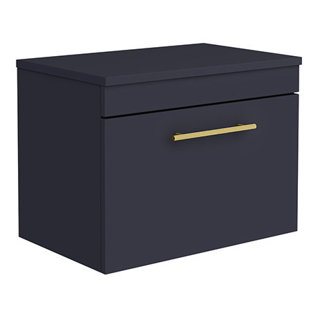 Arezzo Industrial Style 600 Matt Blue Wall Hung Vanity Unit with Worktop + Brushed Brass Handle