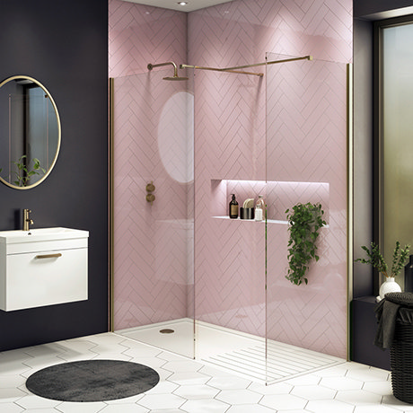 Arezzo 1600 x 800 Brushed Brass Wet Room (Inc. Screen, Side Panel + Tray)