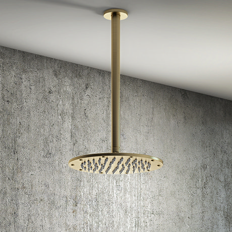 Arezzo Brushed Brass 195mm Thin Round Shower Head + 300mm Ceiling Mounted Arm