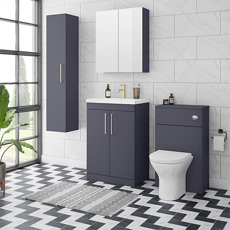 Arezzo Blue Floor Standing Vanity Unit, Tall Cabinet + Toilet Pack with Brass Handles