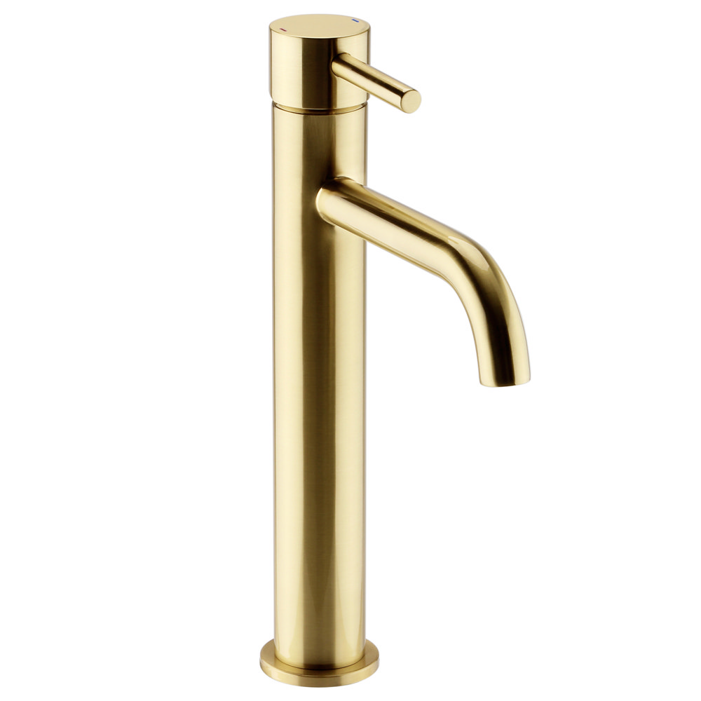 Arezzo Round Brushed Brass High Rise Mono Basin Mixer Tap Victorian Plumbing Uk