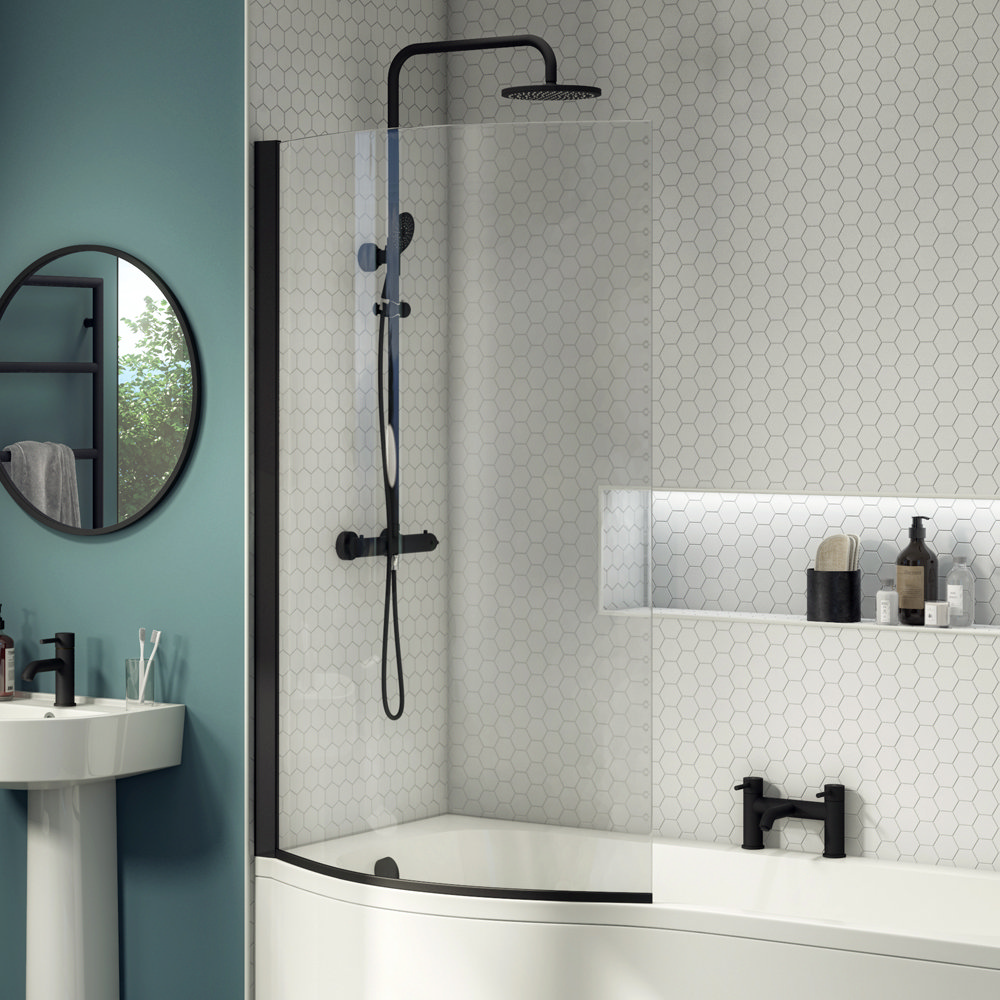 Arezzo Matt Black Curved Shower Bath Screen for B-Shaped Baths | Victorian  Plumbing UK