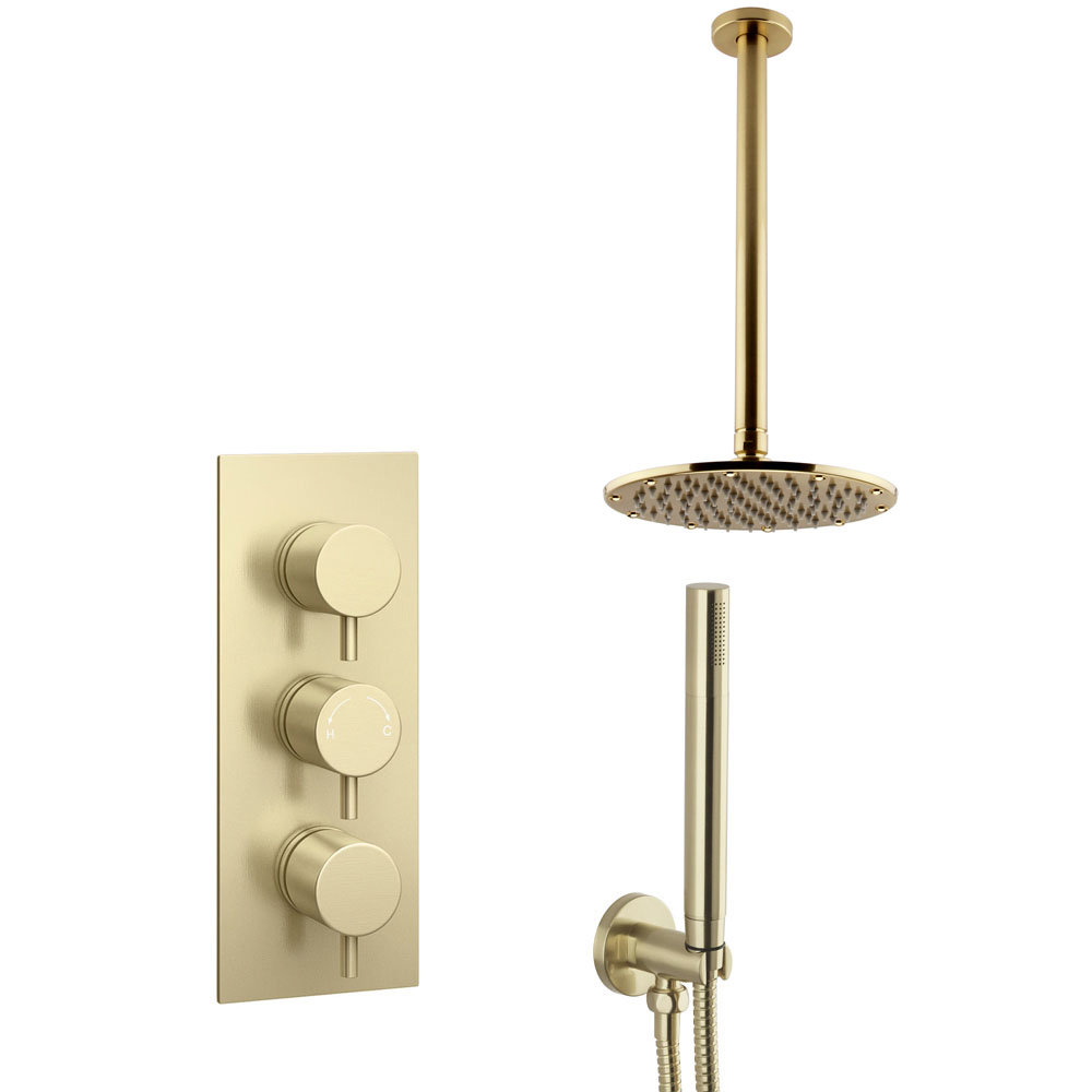 Arezzo Brushed Brass Round Thermostatic Shower Pack with Ceiling