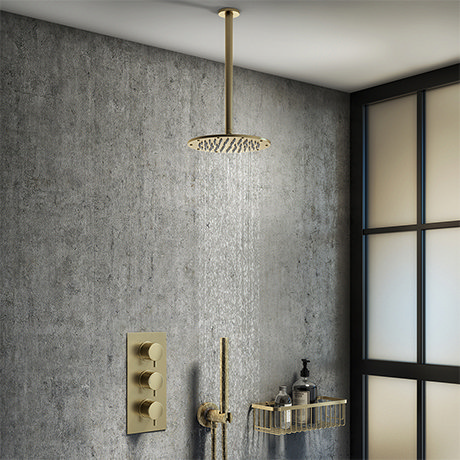 Arezzo Brushed Brass Round Thermostatic Shower Pack with Ceiling Mounted Head + Handset
