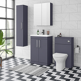 Arezzo Blue Floor Standing Vanity Unit, Tall Cabinet + Toilet Pack with Chrome Handles