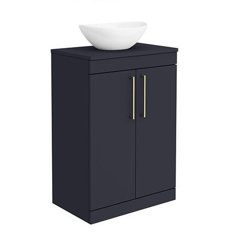 Arezzo 600 Matt Blue Floor Standing Vanity Unit with 410 x 330mm Oval Counter Top Basin + Brass Hand