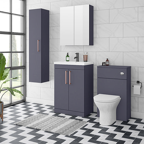 Arezzo Blue Floor Standing Vanity Unit, Tall Cabinet + Toilet Pack with Rose Gold Handles